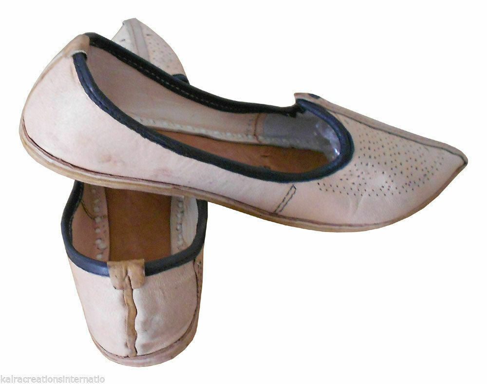 By Kalra Creations Men Shoes Indian Handmade Leather Cream Jutties Rajasthani Designer Mojaries Flip-Flops Flat US 8