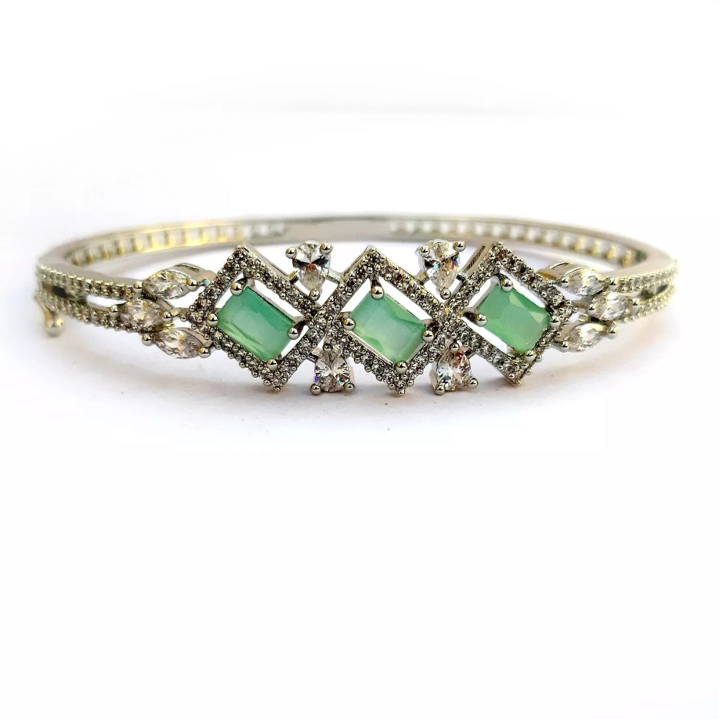 Women Bracelet Silver Oxidise Indian Jewelery Light Green Stone Kada Bracelet AD By Kalra Creations