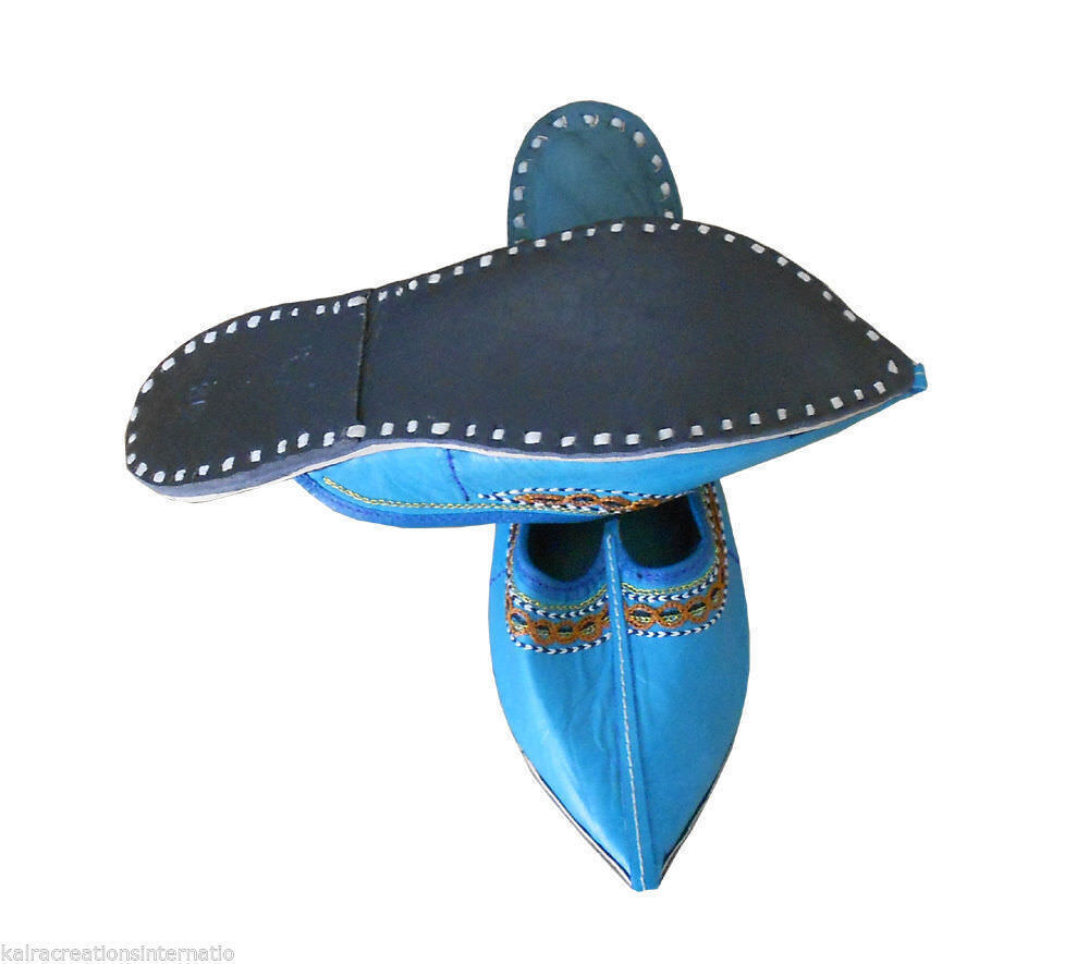 Women Slippers Indian Handmade Leather Traditional Sky Blue Clogs Jutties Flip-Flops Flat US 5/6
