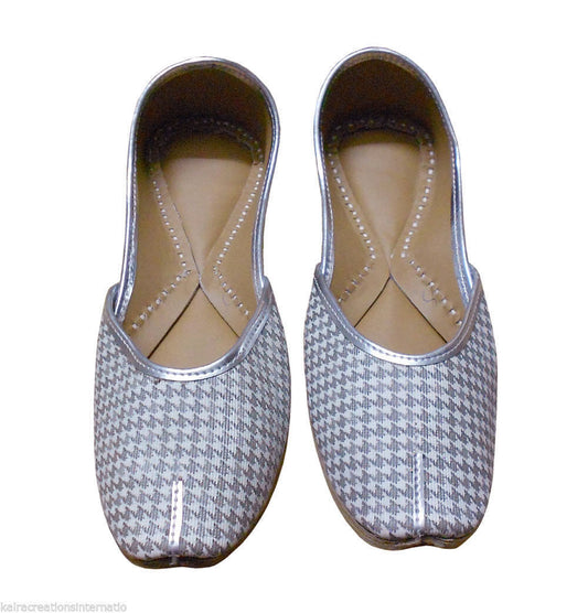 Women Shoes Traditional Leather Ballerinas White & Silver Mojaries Indian Jutties Flip-Flops Flat US 5.5-8.5