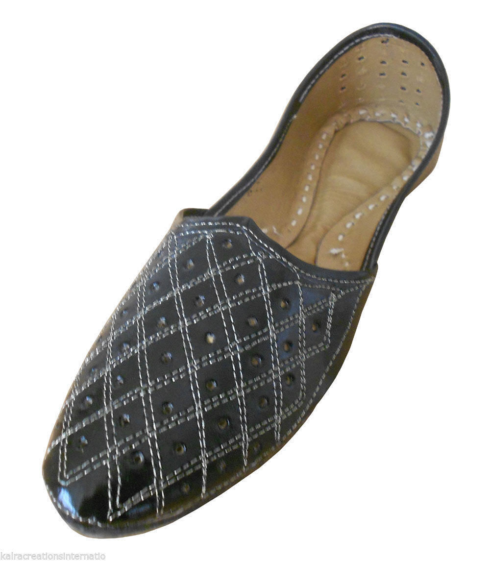 By Kalra Creations Men Shoes Indian Jutties Handmade Espadrilles Khussa Leather Black Mojaries Flip-Flop Flat US 8
