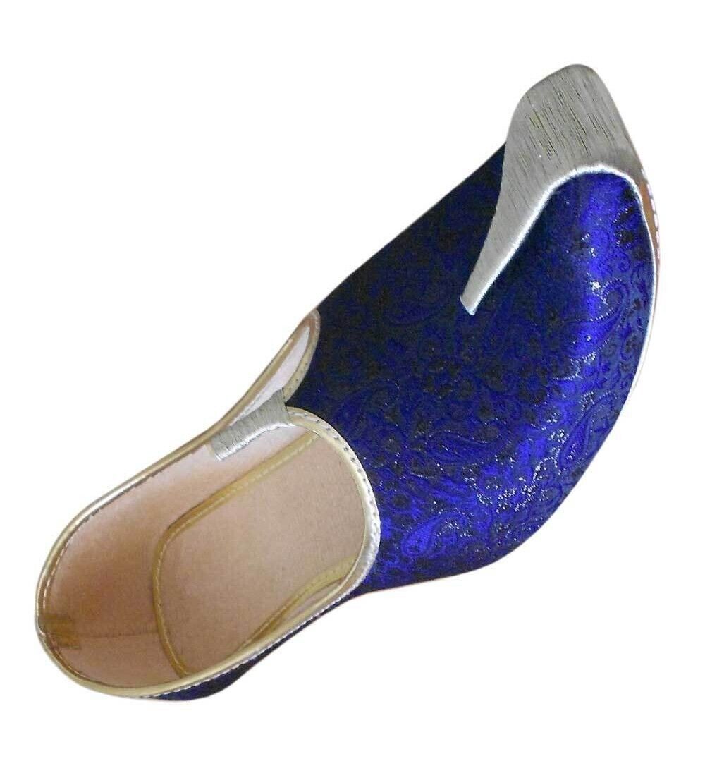 By Kalra Creations Men Shoes Indian Sherwani Handmade Mojaries Punjabi Blue Leather Jutties Flip-Flops Flat US 6-10