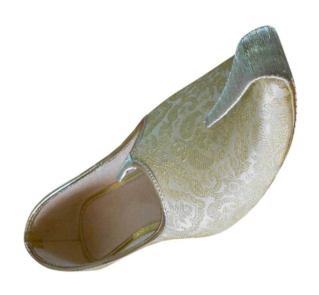 By Kalra Creations Men Shoes Wedding Mojaries Handmade Loafers Sherwani Cream & Golden Jutties Flip-Flops Flat US 6-10