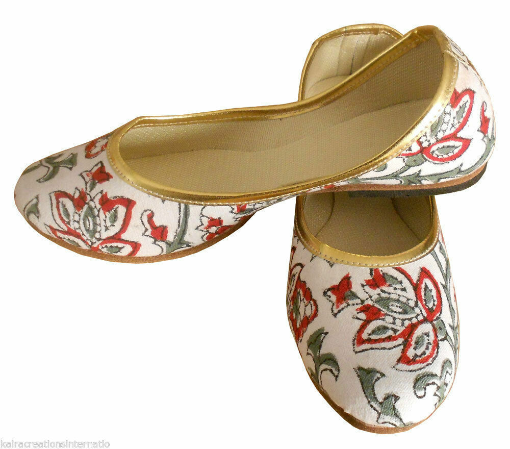 Women Shoes Indian Handmade Mojaries Leather White Ballerinas Jutties Flip-Flops Flat US 5/6