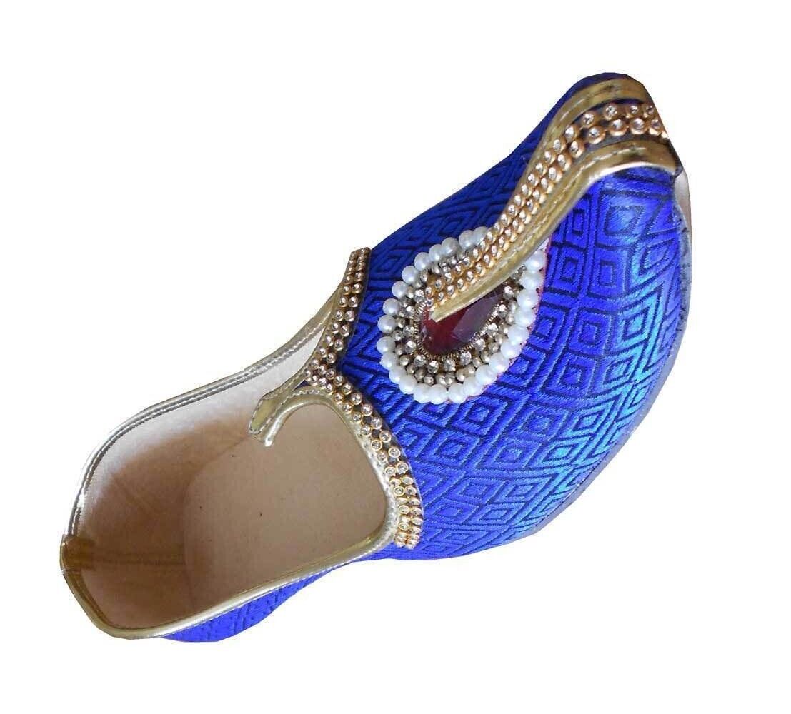 By Kalra Creations Men Shoes Leather Mojaries Blue Loafers & Slip Handmade Sherwani Jutties Flip-Flops Flat US 6-11