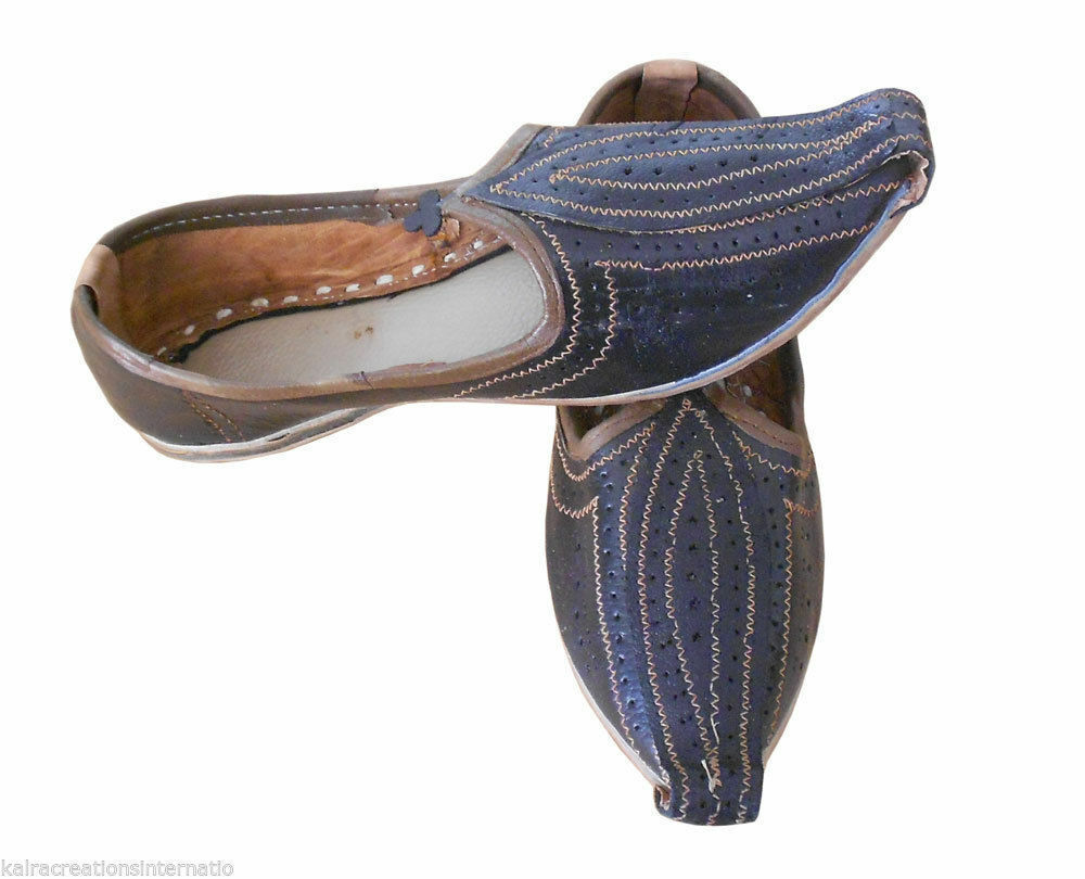 By Kalra Creations Men Shoes Indian Mojaries Handmade Black Leather Khussa Espadrilles Jutties Flip-Flops Flat US 8