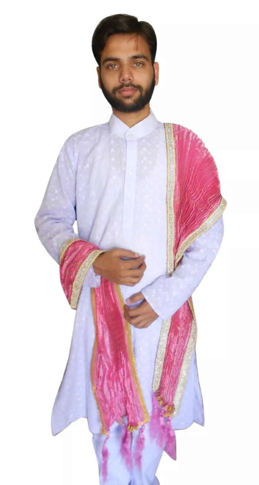 Men Stole Indian Traditional Groom Sherwani Dupatta Wedding Handmade Silk Pink By Kalra Creations