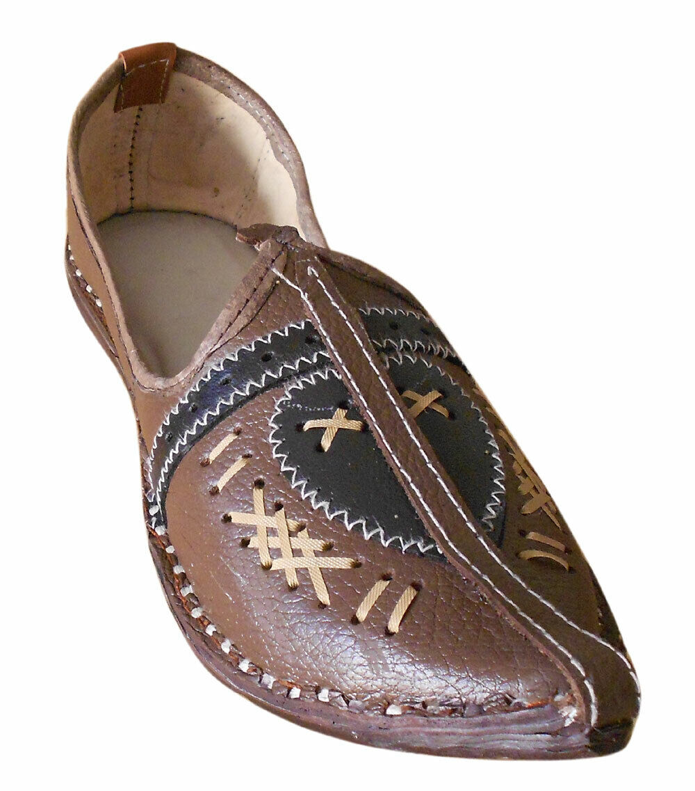 By Kalra Creations Men Shoes Espadrilles Handmade Brown Jutties Rajasthani Khussa Leather Mojaries Flip-Flop US 8