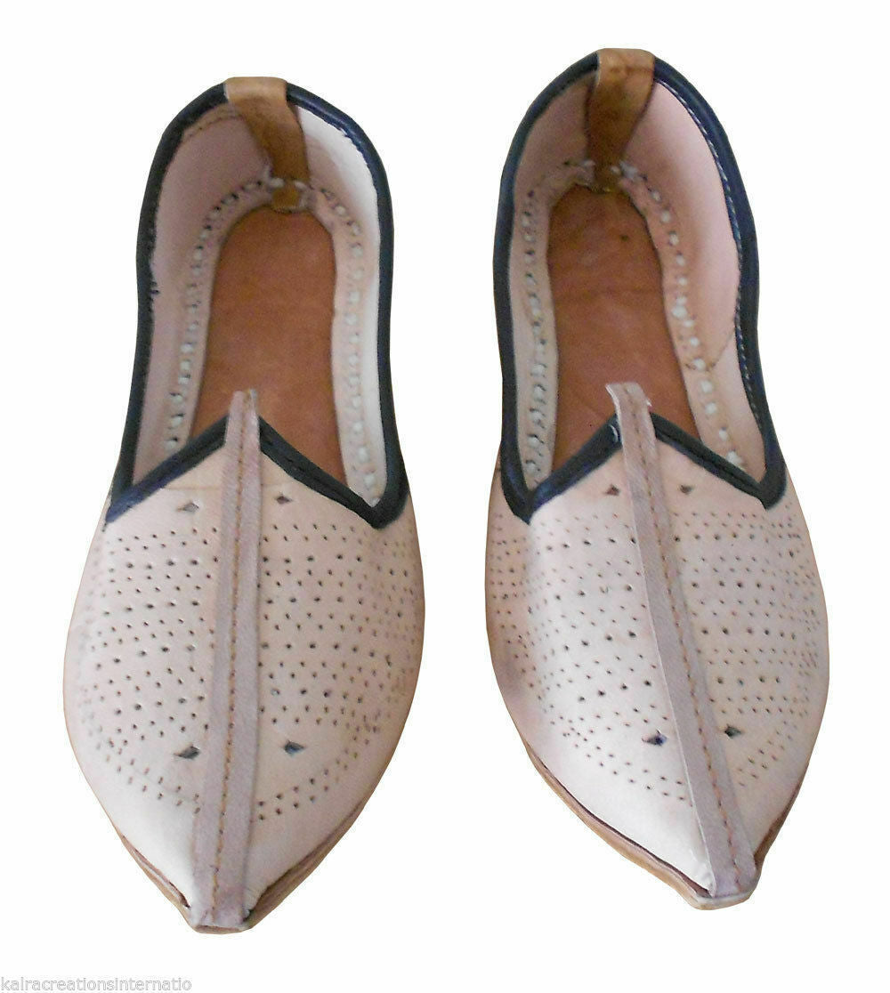 By Kalra Creations Men Shoes Indian Handmade Leather Cream Jutties Rajasthani Designer Mojaries Flip-Flops Flat US 8