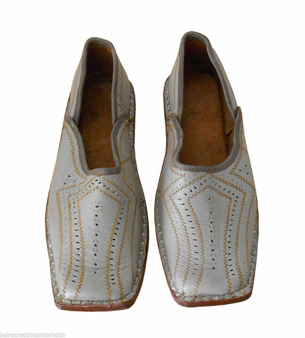 By Kalra Creations Men Shoes Indian Handmade Wedding Mojaries Leather Light Gray Loafers & Slip Ons Jutties Flip-Flops US 9