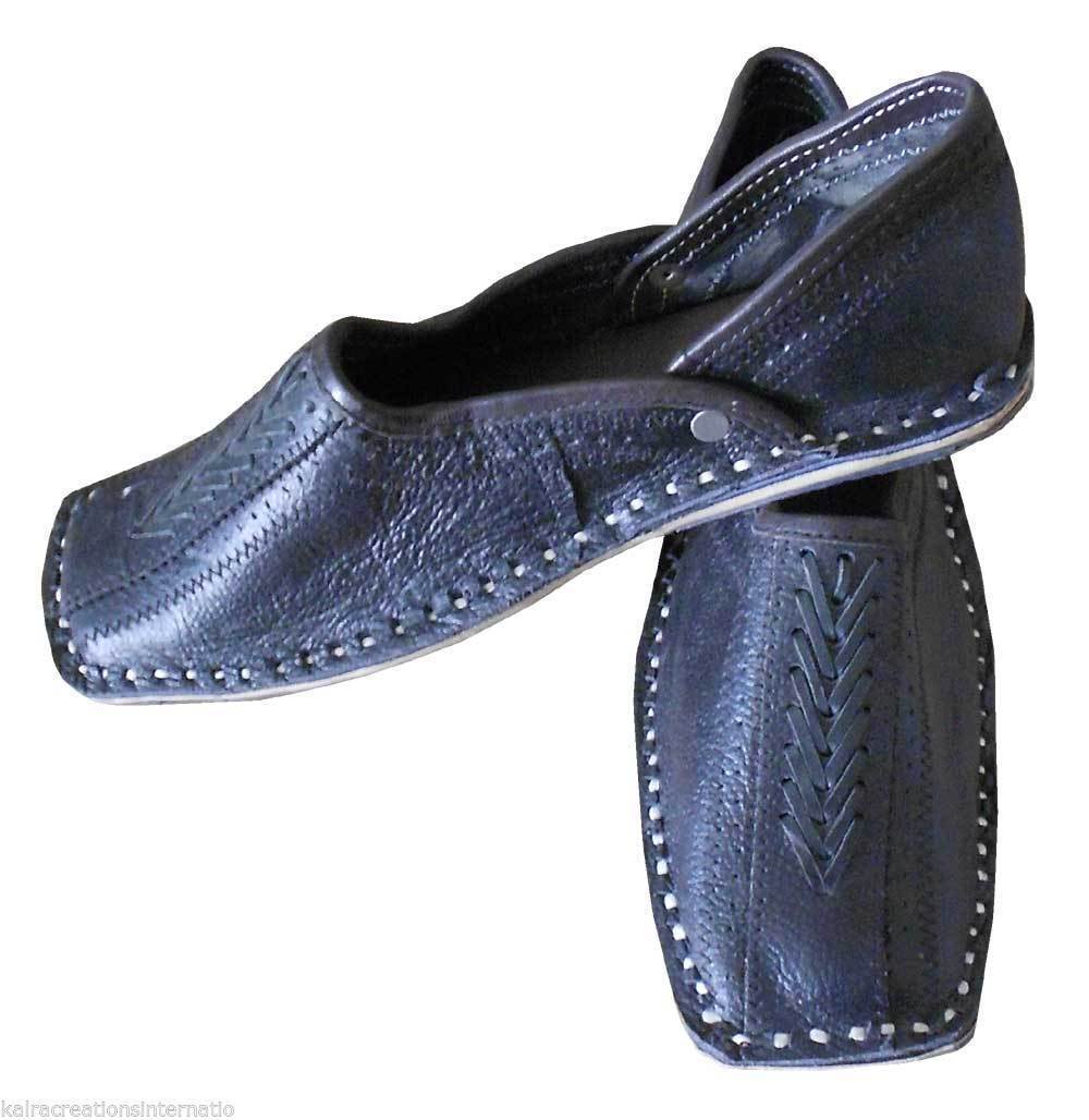 By Kalra Creations Men Shoes Traditional Indian Ethnic Punjabi Jutties Leather Loafers Black Boat Handmade Flip-Flops Flat US 8