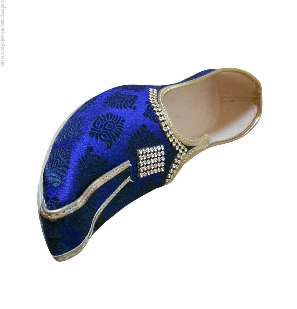 By Kalra Creations Men Shoes Indian Mojaries Sherwani Wedding Blue Jutties Khussa Loafers Flip-Flops Flat US 6/12