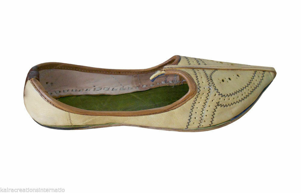 By Kalra Creations Men Shoes Indian Leather Mojaries Cream Handmade Khussa Designer Jutties Espadrilles Flip-Flops Flat US 8