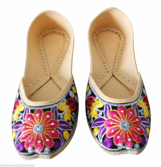 Women Shoes Handmade Indian Khussa Leather Jutties Multicolor Mojaries Flip-Flops Flat US 5-9.5