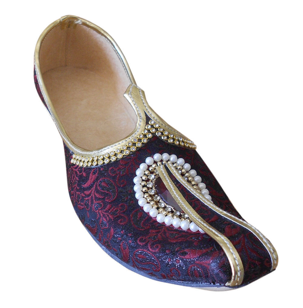 By Kalra Creations Men Shoes Indian Wedding Jutties Handmade Punjabi Maroon & Black Mojaries Groom Flip-Flops Flat US 6-11