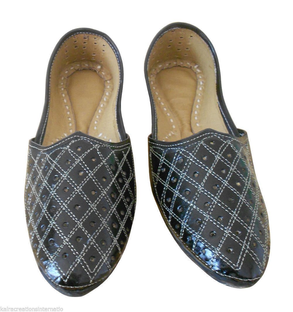 By Kalra Creations Men Shoes Indian Jutties Handmade Espadrilles Khussa Leather Black Mojaries Flip-Flop Flat US 8