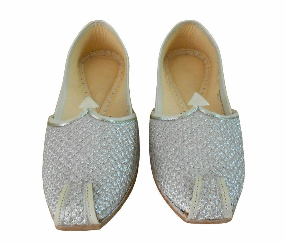 By Kalra Creations Men Shoes Indian Khussa Handmade Leather Mojaries Silver Casual Jutties Loafers Flip-Flop Flat US 7
