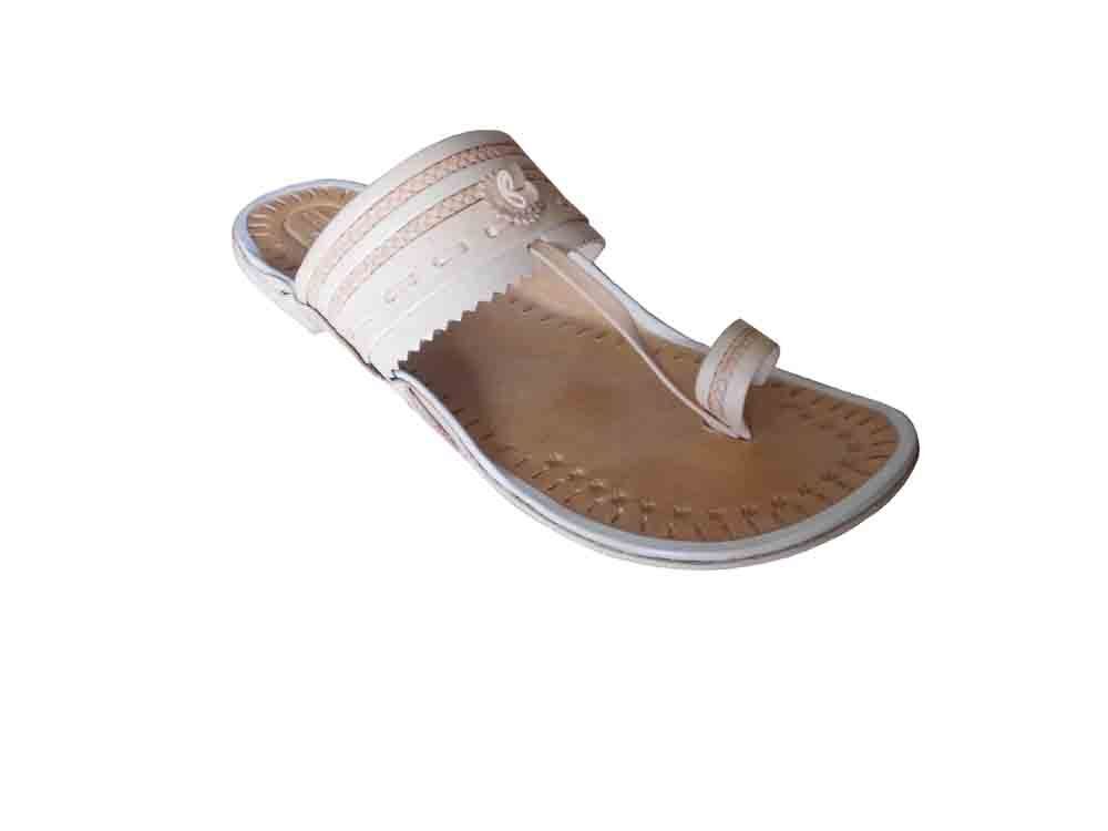 By Kalra Creations Men Slippers Traditional Handmade Jutties Leather Cream Slipper Flip-Flops Flat US 7-9