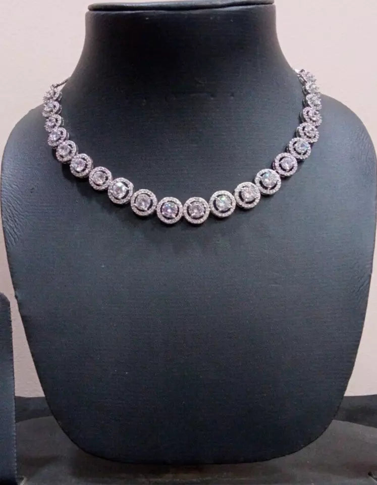 Women AD Necklace Set Indian Bollywood Bridal Set Silver Plated Jewelry Earrings By Kalra Creations