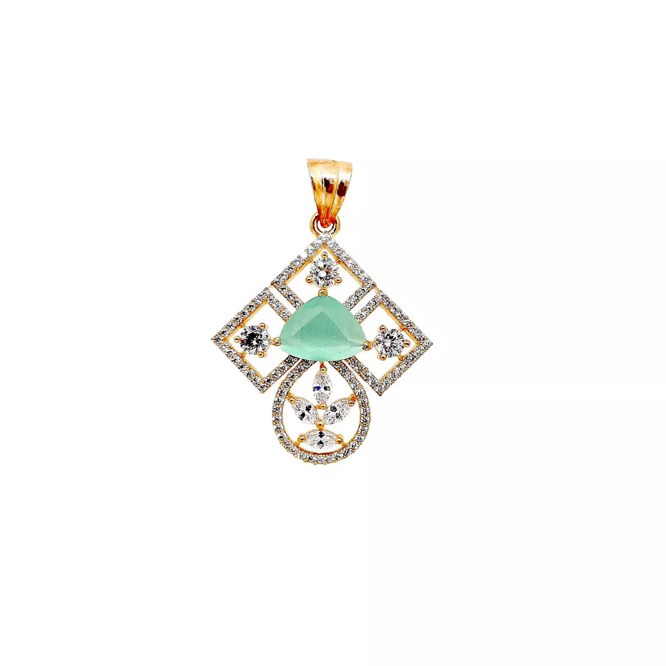 Women Gold Plated Green Stone Copper Pendant With Tops Earrings Combo Jewelery By Kalra Creations
