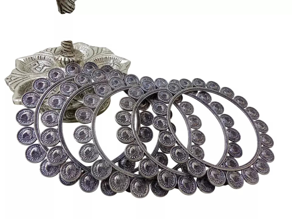Women Indian Rajasthani Brass Silver Oxidised Bracelet Brass Bangles 5 Pcs Size 2.6 By Kalra Creations