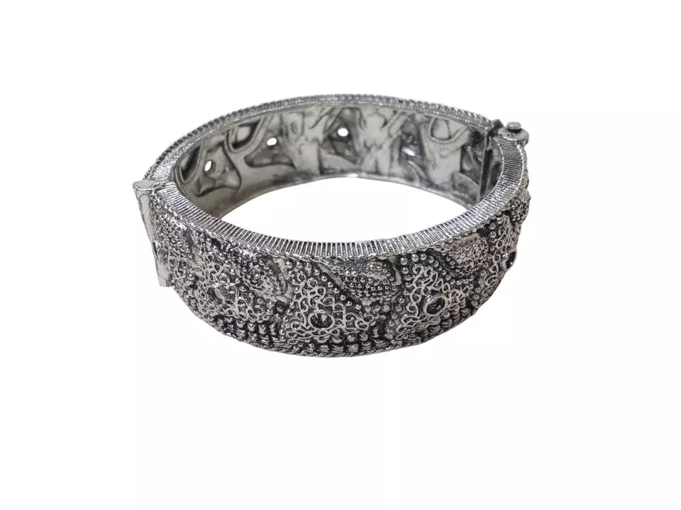 Women Brass Oxidised Side Openable Bracelet Bangles Rajasthani Silver Tone By Kalra Creations