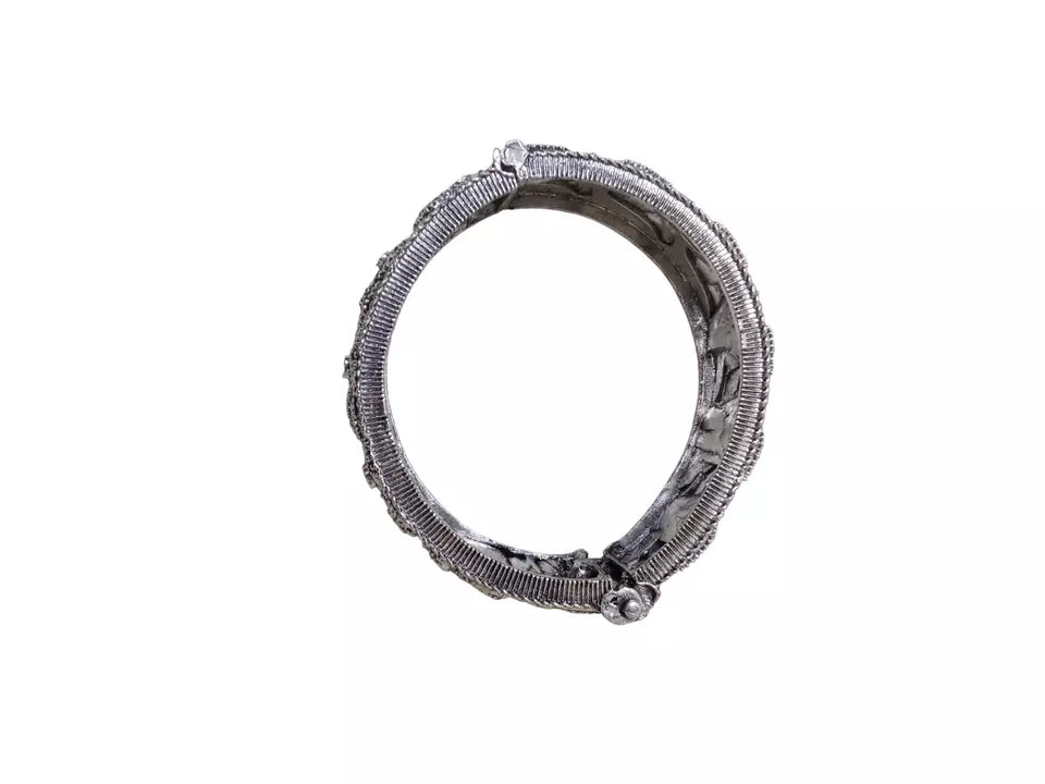 Women Brass Oxidised Side Openable Bracelet Bangles Rajasthani Silver Tone By Kalra Creations