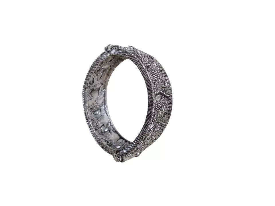 Women Brass Oxidised Side Openable Bracelet Bangles Rajasthani Silver Tone By Kalra Creations