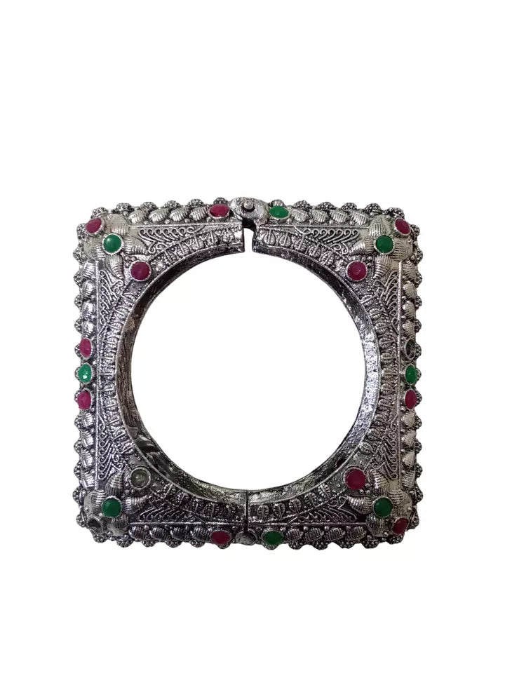Women Brass Oxidised Side Openable Brass Rajasthani Silver Tone Bracelet Bangles By Kalra Creations