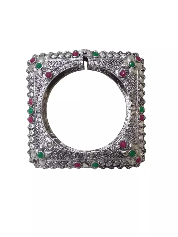 Women Brass Oxidised Side Openable Brass Rajasthani Silver Tone Bracelet Bangles By Kalra Creations