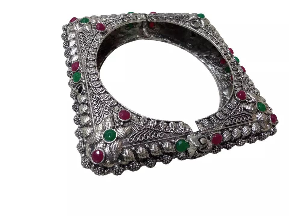Women Brass Oxidised Side Openable Brass Rajasthani Silver Tone Bracelet Bangles By Kalra Creations