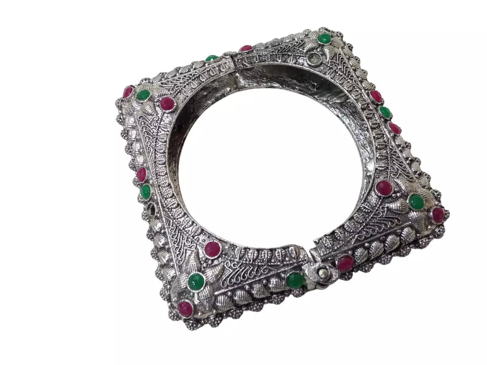 Women Brass Oxidised Side Openable Brass Rajasthani Silver Tone Bracelet Bangles By Kalra Creations
