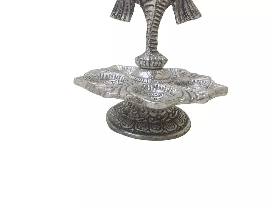 Panch Mukhi Diya with Chakar Stand Silver Plated Metal Designer Shankh Chakra By Kalra Creations