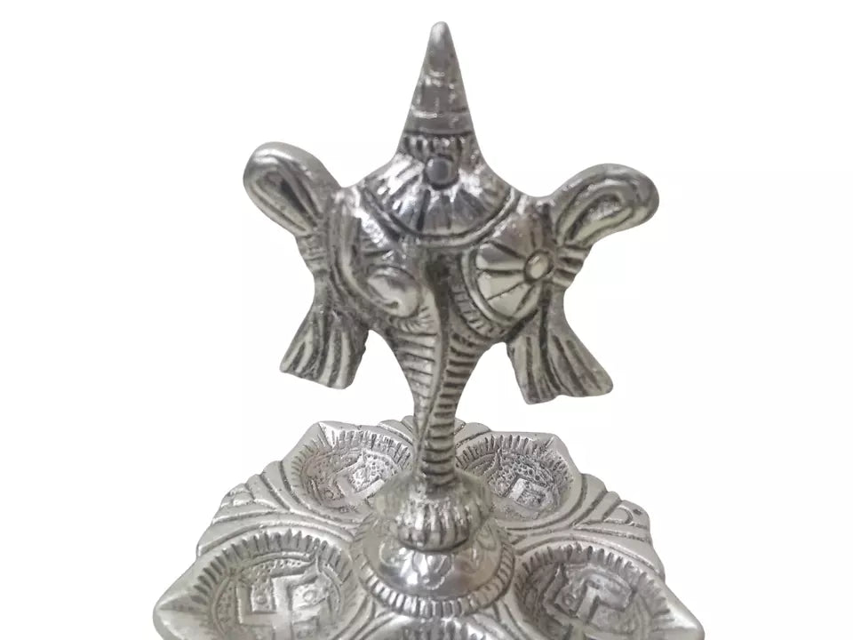 Panch Mukhi Diya with Chakar Stand Silver Plated Metal Designer Shankh Chakra By Kalra Creations