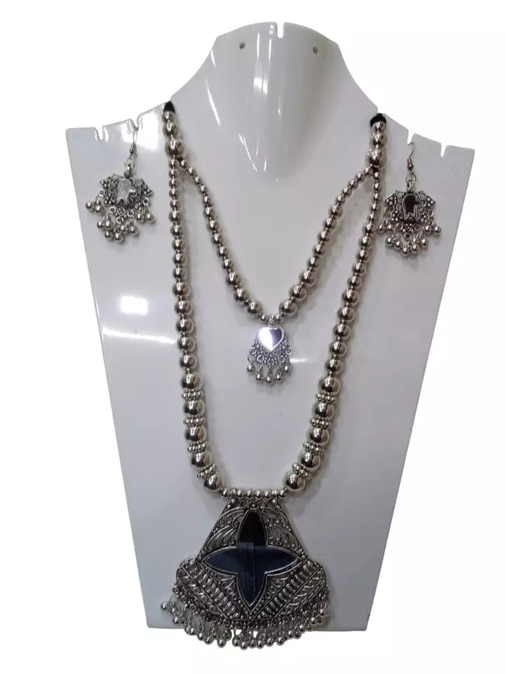 Women Silver Oxidised Necklace With Earrings Pendant Clip On Nose Pin Combo Set By Kalra Creations