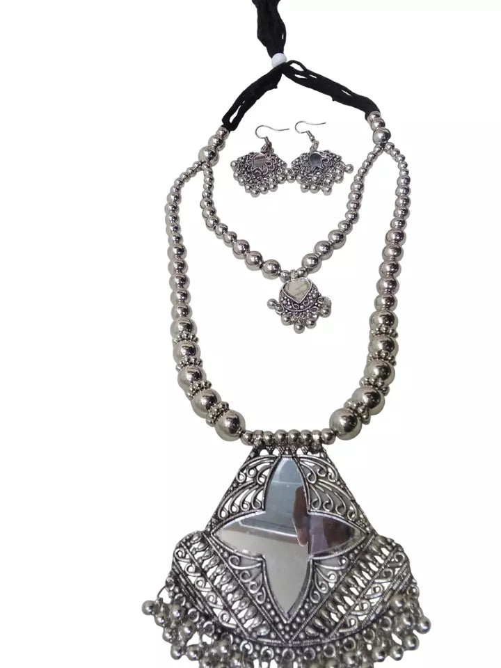 Women Silver Oxidised Necklace With Earrings Pendant Clip On Nose Pin Combo Set By Kalra Creations