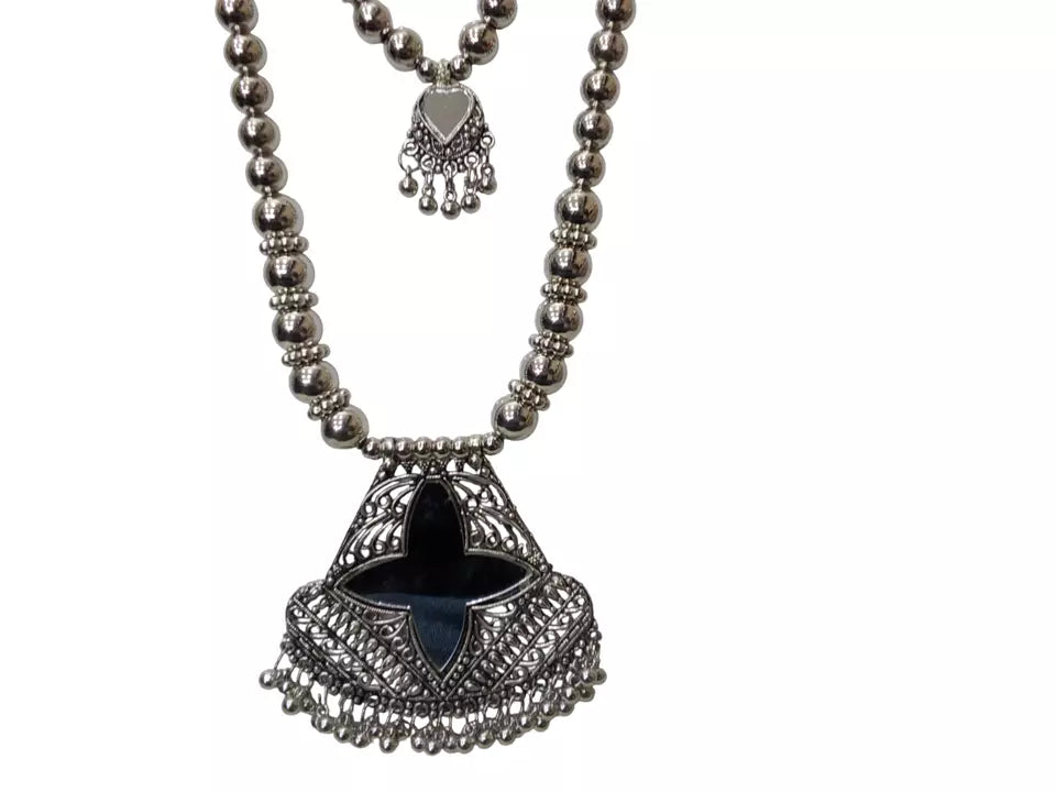 Women Silver Oxidised Necklace With Earrings Pendant Clip On Nose Pin Combo Set By Kalra Creations
