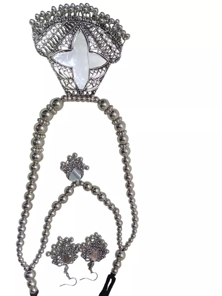 Women Silver Oxidised Necklace With Earrings Pendant Clip On Nose Pin Combo Set By Kalra Creations