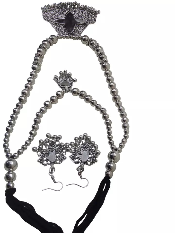 Women Silver Oxidised Necklace With Earrings Pendant Clip On Nose Pin Combo Set By Kalra Creations