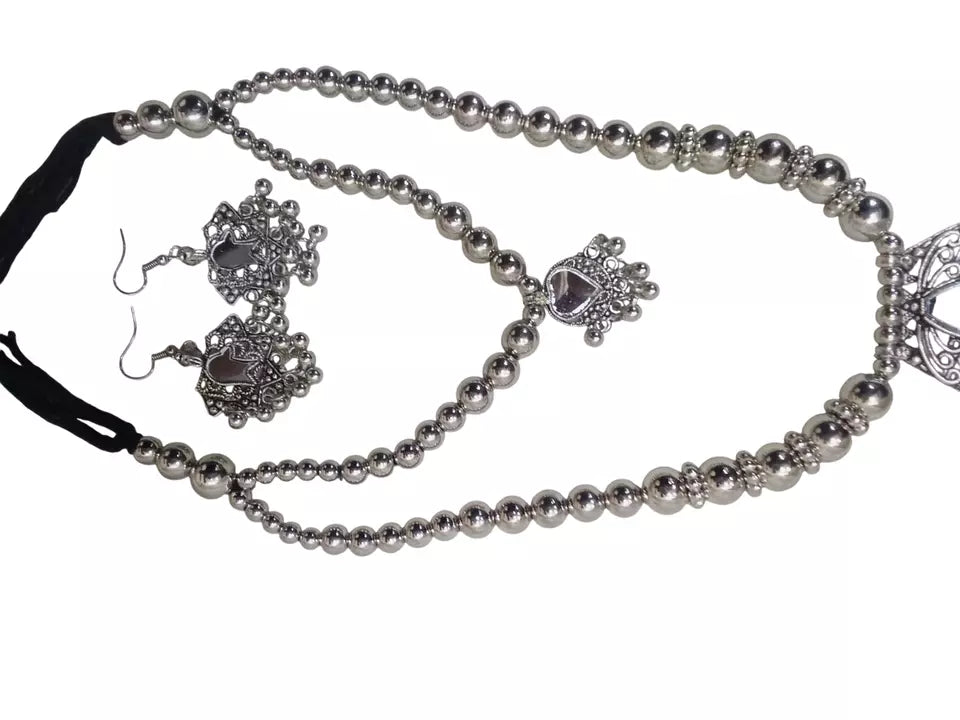 Women Silver Oxidised Necklace With Earrings Pendant Clip On Nose Pin Combo Set By Kalra Creations