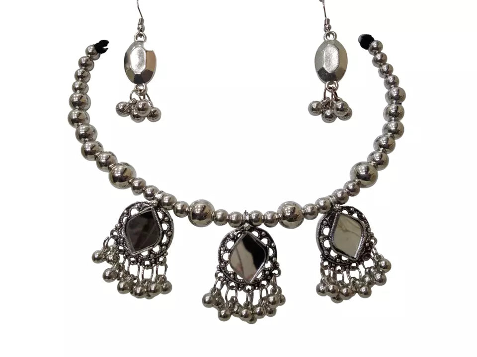 Women Silver Oxidised Necklace With Earrings Pendant Clip On Nose Pin Combo Set By Kalra Creations