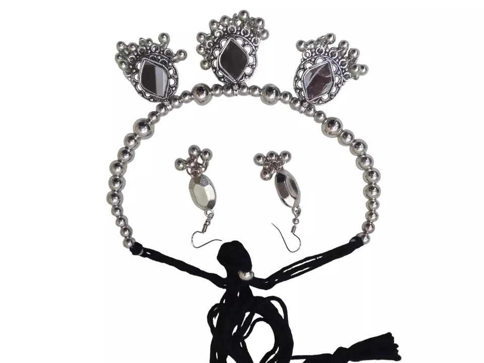 Women Silver Oxidised Necklace With Earrings Pendant Clip On Nose Pin Combo Set By Kalra Creations