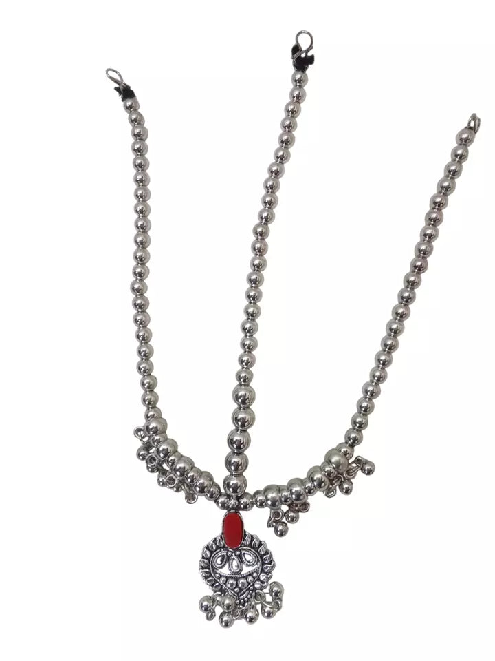 Women Silver Oxidised Necklace With Earrings Pendant Clip On Nose Pin Combo Set By Kalra Creations