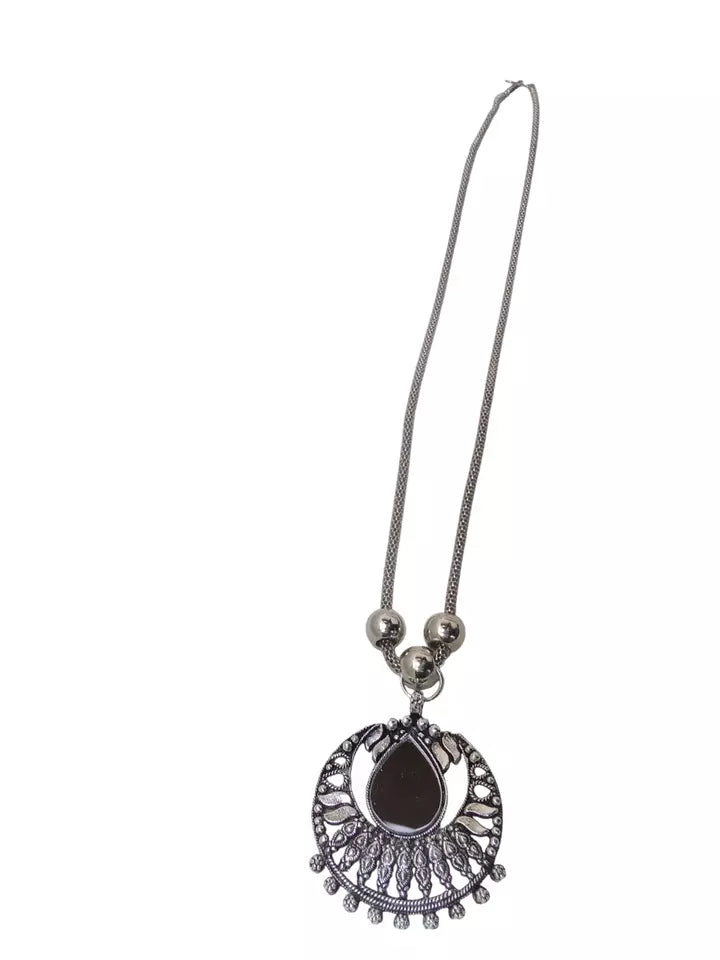 Women Silver Oxidised Necklace With Earrings Pendant Clip On Nose Pin Combo Set By Kalra Creations