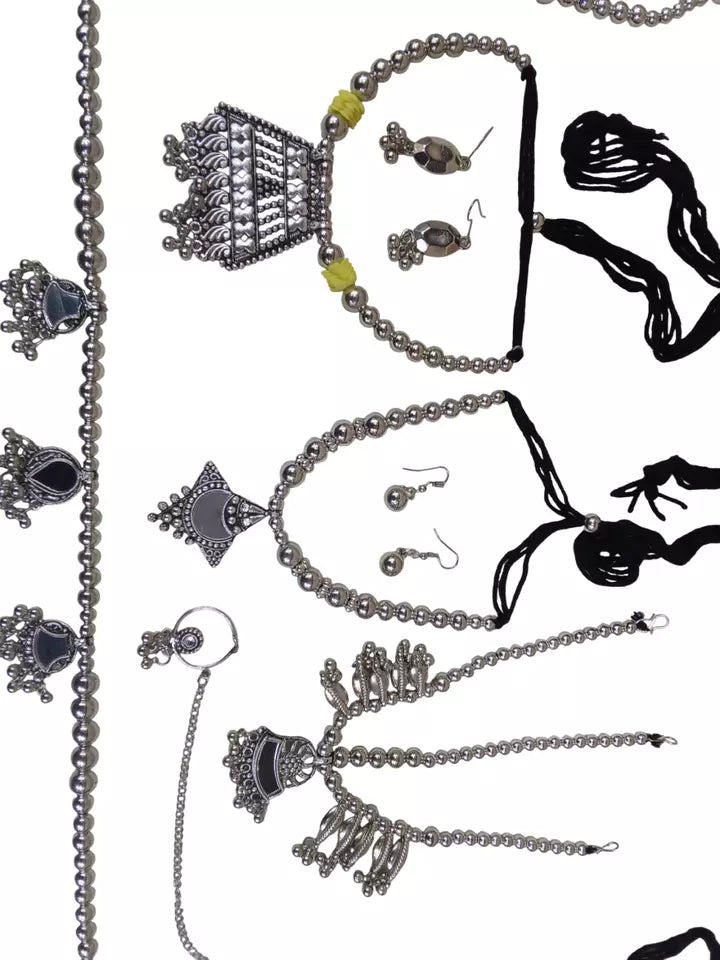 Women Silver Oxidised Necklace With Earrings Pendant Clip On Nose Pin Combo Set By Kalra Creations