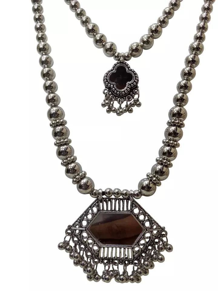 Women Silver Oxidised Necklace With Earrings Pendant Clip On Nose Pin Combo Set By Kalra Creations