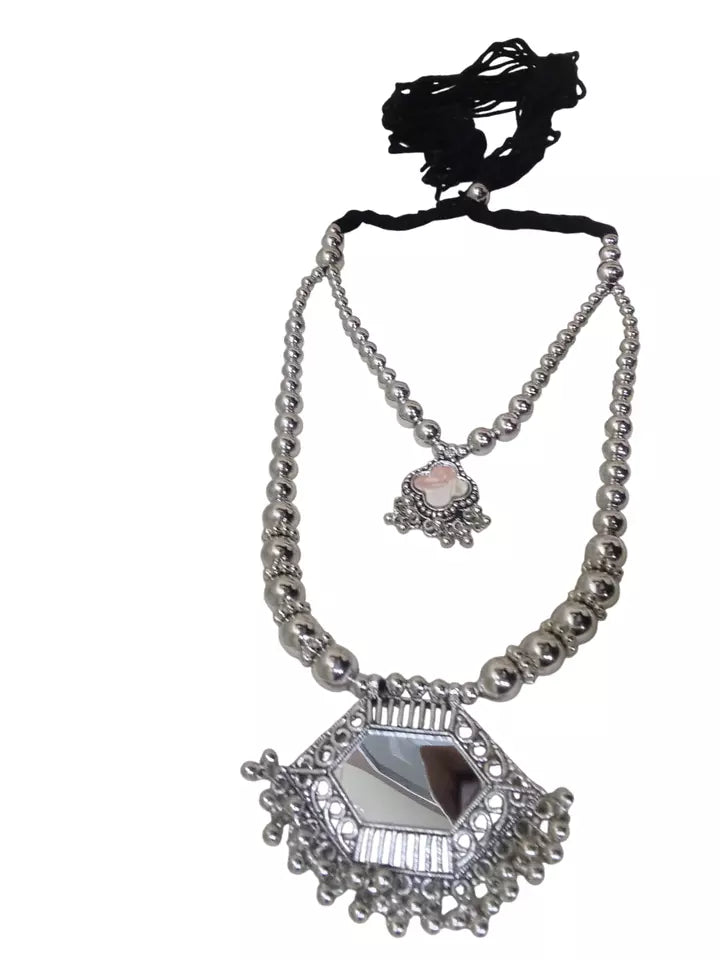 Women Silver Oxidised Necklace With Earrings Pendant Clip On Nose Pin Combo Set By Kalra Creations