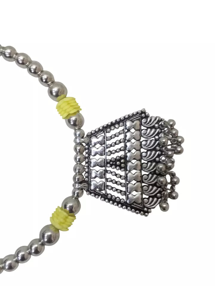 Women Silver Oxidised Necklace With Earrings Pendant Clip On Nose Pin Combo Set By Kalra Creations