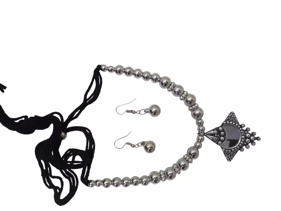 Women Silver Oxidised Necklace With Earrings Pendant Clip On Nose Pin Combo Set By Kalra Creations