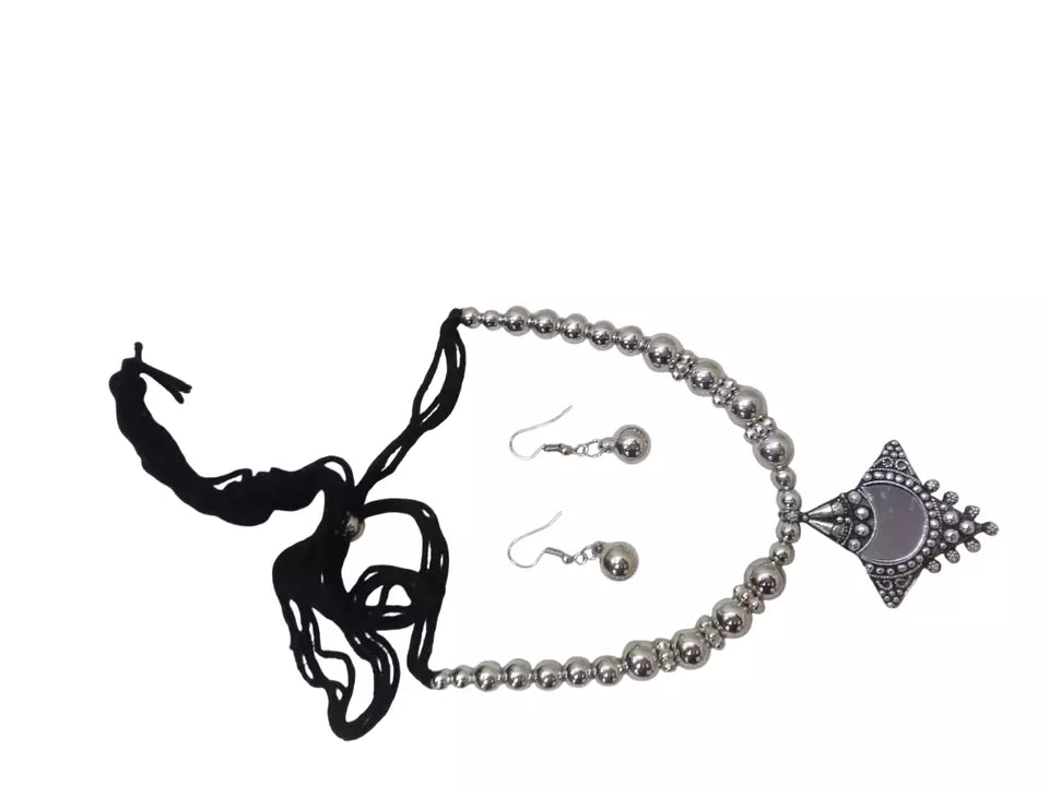 Women Silver Oxidised Necklace With Earrings Pendant Clip On Nose Pin Combo Set By Kalra Creations